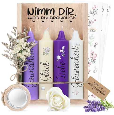 Kerzen Geschenkset Geburtstagsgeschenk für Frauen oder Freundin, nimm dir, was du brauchst, Mitbringsel Kerzenhalter Holzkiste mit Kerzen Deko und Trockenblumen