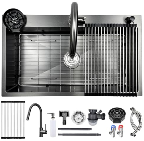 Fregadero AIVANOTO de cocina gris-negro de 85x50 cm de acero inoxidable, con grifo extraíble, escurridor de vidrio, dispensador de jabón, gran escurridor, sifón de desagüe, fregadero de cocina