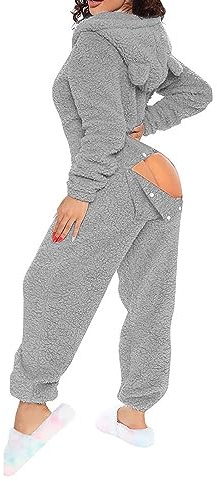 Tutina intera da donna in pile con lembo di culo di lusso, in caldo pile, tuta sherpa con cerniera, pigiama con cappuccio, accogliente, pigiama autunno inverno caldo loungewear tute