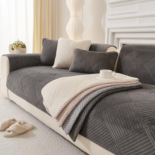 Furnestorica Sofabezug Dunkelgrau 90 * 210cm | Vollschutz, Rutschfest & Waschbar, 1/2/3/4 Sitze, Universal Non-Slip, L-Förmige U-Ecke