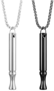 LifgWas - Collar de meditación con silbato antiestrés de acero inoxidable pulido para la respiración y la relajación, 2 piezas de plata y negro, collar de respiración anti tabaco