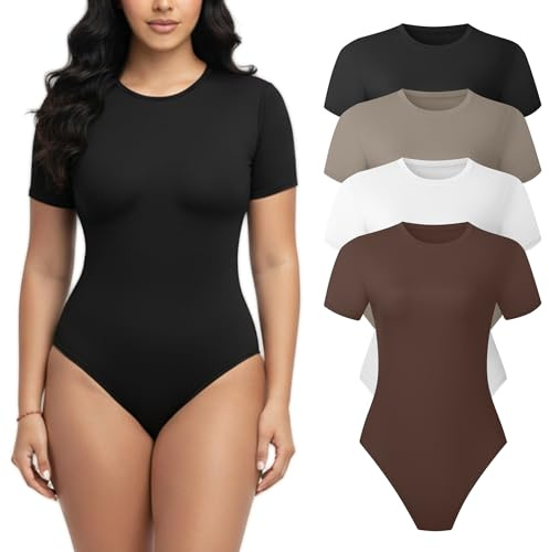 Dalavch 4 Pack Short Sleeve Bodysuit for Women Crew Neck Stretchy Casual Basic Fitted Body Suits T Shirt Tops 1 Black 1 White 1 Khaki 1 Coffee Large