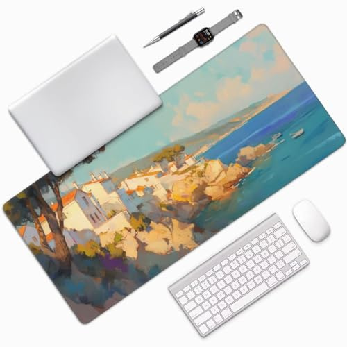 Alfombrilla Ratón XXL Gaming 1400x600x3mm, Grande Alfombrilla Ratón Playa Patrón Mouse Pad Gaming, Tapete Rato Villa Impermeable y Antideslizante Base de Goma para Decoracion Escritorio Hogares 0E-342