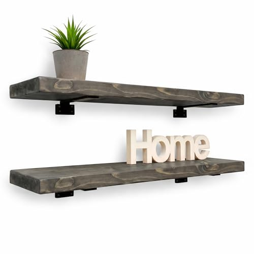 MKGT Rustic Floating Wall Shelves Set of 2, Solid Pine 45mm Thick with Heavy Duty Brackets, 75kg Load Capacity for Kitchen, Bathroom, Living Room – UK Made (Driftwood, 140cm)