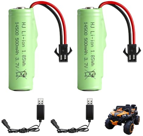 Wxeadu 2 Stück 500mAh 3.7V Li-ion Akku, 3.7 Volt RC Akku mit UBS Ladekabel SM-2P Stecker,Wiederaufladbare RC Batterie, 3.7V Li-ion Power Ersatz Akku für Ferngesteuertes Auto/Boote/Panzer/Autos