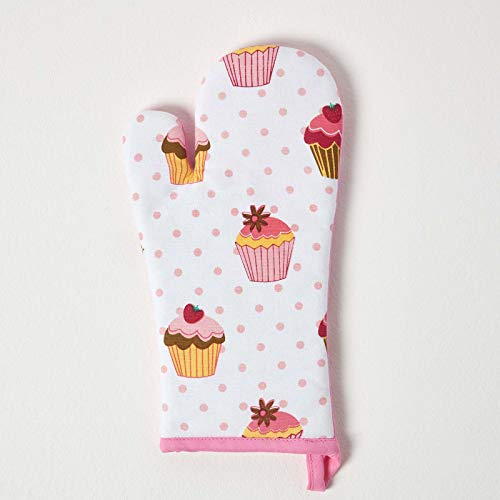 HOMESCAPES - Pure Cotton Oven Glove - Cup Cakes - Pink Blue - 18 x 32 cm - Fully Coordinated Washable Kitchen Linen