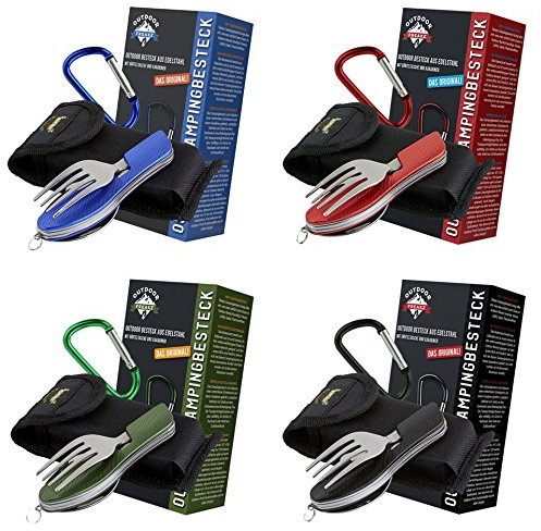 OUTDOOR FREAKZ Outdoor Campingbesteck Klapp-Besteck aus Edelstahl mit Gürteltasche, das Original! 4er Pack