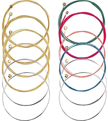 Bememo 2 Sets von 6 Gitarrensaiten Ersatz-Stahlsaiten für Akustikgitarre (1 gelbes Set und 1 mehrfarbiges Set)