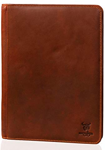 MATADOR „Barcelona“ Echt Leder Dokumentenmappe A4 mit RFID Schutz | Aktenmappe für Herren Konferenzmappe mit YKK Reißverschluss & Tablet-Fach | Ringbuch-Mappe DIN A4 Arbeitsmappe in Vintage Braun