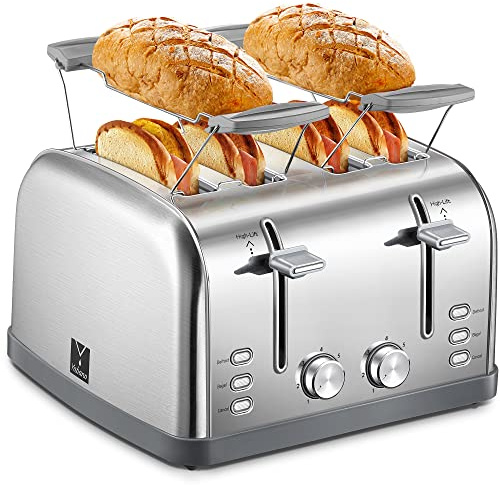 Toaster 4 Slice, Extra Wide Slots, Stainless Steel with High Lift Lever, Bagel and Muffin Function, Removal Crumb Tray, 7-Shade Settings with Warming Rack, Silver, Yabano