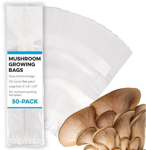Impresa Mushroom Grow Bags 50-Pack - 6 Mil, 6 x 5 x 20 in Clear Floor-Standing Bags - Autoclavable with 0.2 Micron Filter Patch - Tear-Resistant Plastic for Cultivation