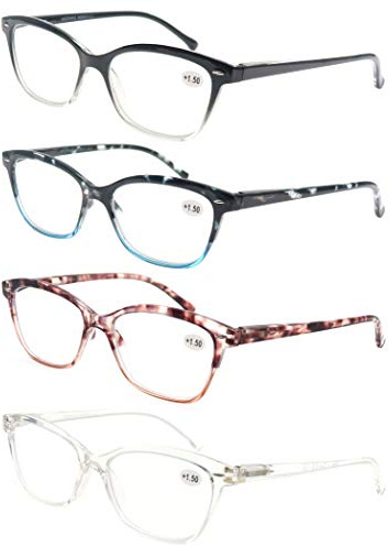 MODFANS Lot de 4 Lunettes de Lecture 1.25 Femme,Lunettes Loupe Monture Legere Branches a Ressort,Lunettes de Vue Noir-Bleu-Rose-Transparent