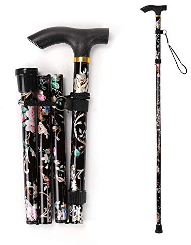 KAV Walking Stick, Easy Adjustable Height Folding Extendable Walking Cane, Lightweight Flexible and Durable Walking Aid Mobility Aid Collapsible Walking Stick (Black Floral)