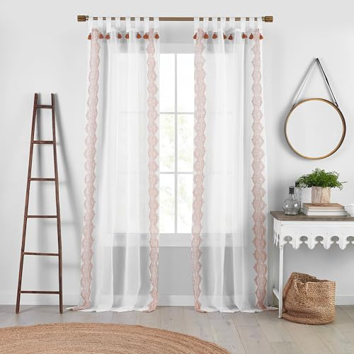 Elrene Home Fashions Shilo Sheer Boho Tab-Top Window Curtain Panel with Tassels, Terracotta, (52 X 95)
