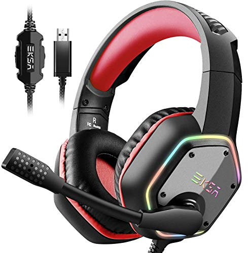 EKSA E1000 USB Gaming Headset for PC - Computer Headphones with Microphone/Mic Noise Cancelling, 7.1 Surround Sound Wired Headset & RGB Light - Gaming Headphones for PS4/PS5 Console Laptop (Red)