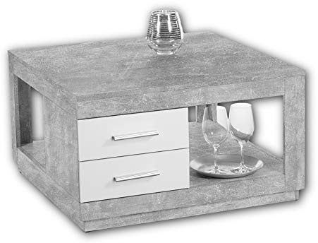 FESTIVAL Couchtisch mit 2 Schubladen, Beton Optik Weiß - 80 x 46 x 80 cm | Sofatisch mit Ablage auf 2 Ebenen, Stauraum für Wohnzimmer, Stauraum, Fächer, modern, Tisch für Couch