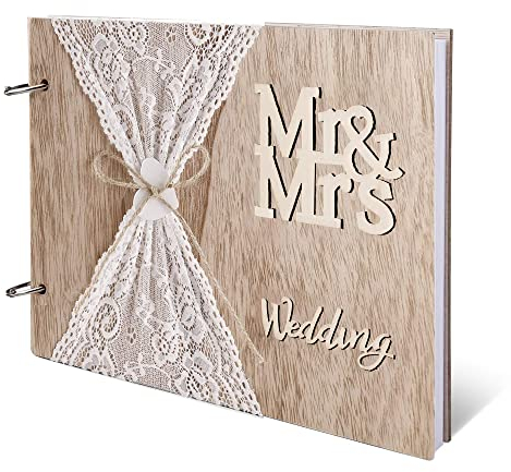 RunFar shop Gästebuch Hochzeit Holz Hochzeitsgästebuch Geburstag, Jubiläum Hochzeitsbuch Hardcover mit Spitzen 28 x 21 cm als Geschenk zur Hochzeit, Jahrestag, Geburtstag 40 Seiten