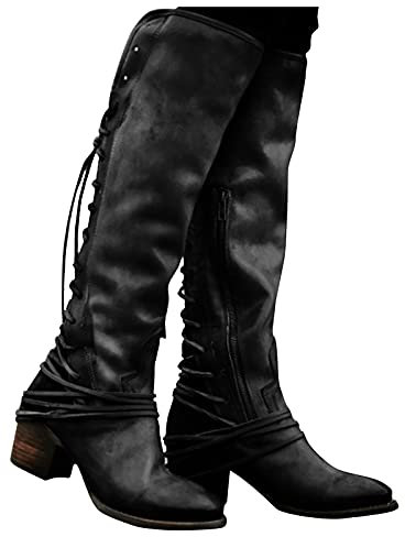 Hotberry Damen Hohe Stiefel Overknee-Stiefel mit Dicken Absätzen Schnürstiefeln Einfarbige Bequeme Western Cowboystiefel rutschfest Schneestiefel Reitstiefel für Frauen, Schwarz, 39 EU