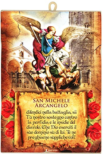 KUSTOM ART Quadro Quadretto Stile Vintage Immagine di San Michele Arcangelo da Collezione Stampa su Legno. Per Arredamento Ristorante Pizzeria Bar Hotel