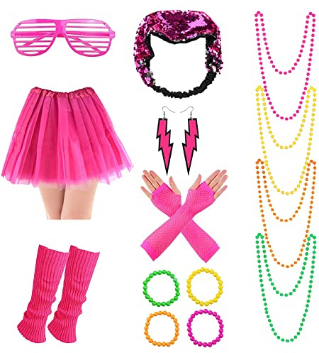 BOZILY 80er Jahre Outfit Kleidung Damen Set 80er Jahre Kostüm Accessoires mit Stirnband Netzhandschuhe Ohrringe Armband Halsketten Kleidung Brille Beinstulpen Haarbänder für Party Mädchen Rosa