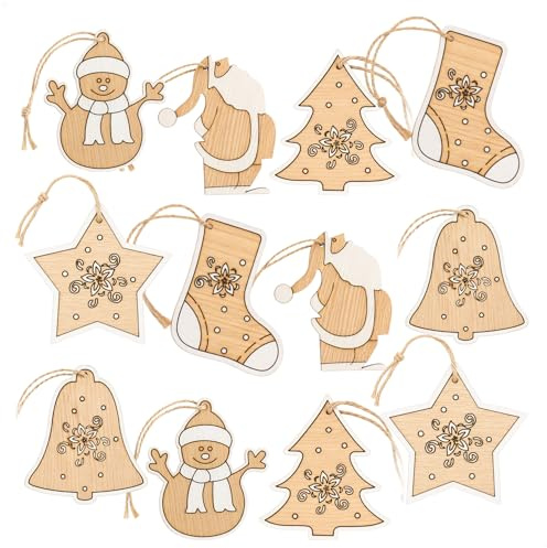 com-four® 12x Tannenbaumschmuck Holz-Anhänger Set, Weihnachtsbaumschmuck | Christbaumschmuck in 6 weihnachtlichen Designs