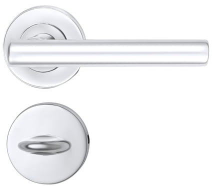 EAI Round Internal Bathroom Door Handle & Thumb Turn Set - Polished Chrome | Universal Black Door Handles for Indoor | Loo & Toilet Door Lever on Rose | Lockable Interior Handles