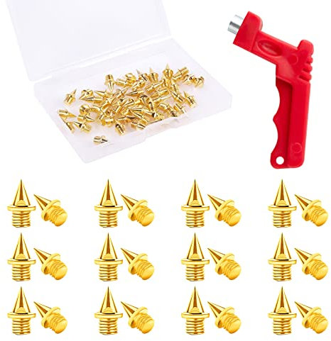 50pcs Pointes de Piste 6mm avec Clé à Pointes Acier Pointe Athlétisme Cross Country Pyramidales Track Spikes Remplacement pour Chaussures de Piste Saut en Longueur Course Randonnée (Or)