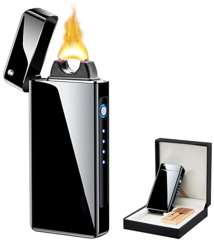 TIKIUKI Elektrisches Plasma Lichtbogen Feuerzeug - Winddicht, Wiederaufladbar, Flammenlos, Personalisiert - Metallfeuerzeug Mit LED-Power-Anzeige Für Kerzen (Schwarz)