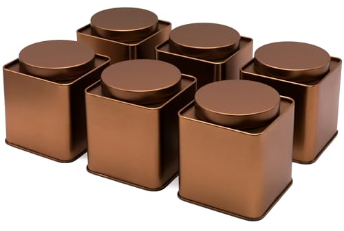 Dosenritter | 6x kupferfarbene eckige Teedose/Vorratsdose, STAPELBAR, aromadicht aus Metall für je 130g Earl Grey | 9.1 x 8 x 8 cm (H,B,T) | auch ideal als Supplements- oder Gewürzdose