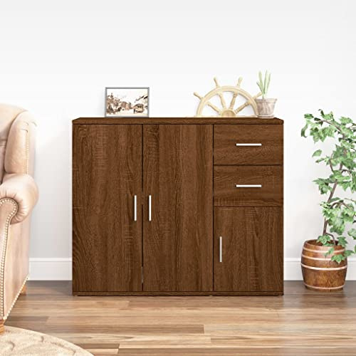 Homvdxl Modernes Küchen-Sideboard, breiter Aufbewahrungsschrank mit 3 Türen & 2 kleinen Schubladen, Buffetschrank für Wohnzimmer, Esszimmer, Flur, 91 x 29,5 x 75 cm (Braun Eiche)