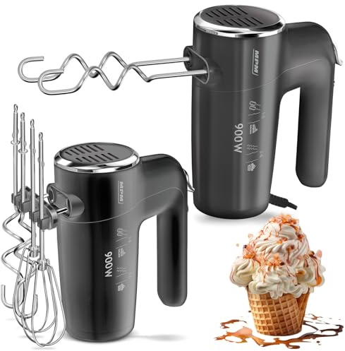 MPM Handmixer 900W - 6 Geschwindigkeitsstufen + Turbo, 4 Lange Rühraufsätze | Handrührgerät mit Auswurftaste, Sicherheitsverriegelung, spülmaschinenfeste Rühraufsätze - Schnelles Verarbeiten von Massen