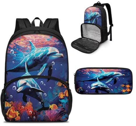 NETILGEN Sac à dos isotherme pour ordinateur portable avec trousse à crayons pour pique-nique, voyage, travail, cadeau pour femme, Dauphin Poisson Corail, Taille unique, Sacs à dos de jour