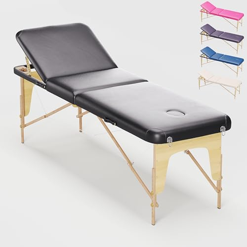 Beltom® Lettino Da Massaggio Basic 3 Zone In Legno Portatile Pesa Solo 14,3 Kg Richiudibile + Pannello Reiki + Angoli Arrotondati E Rinforzati - Fisioterapia Estetista Tattoo Tatuaggi - Nero