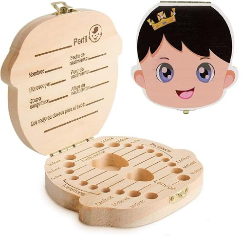 Caja para Dientes de Leche de Madera, Caja para Dientes Leche en Español. | Espacios para cada diente, Niño y Niña, Recuerdo personalizable, ideal bautizos, cumpleaños y conservar recuerdos infantiles.