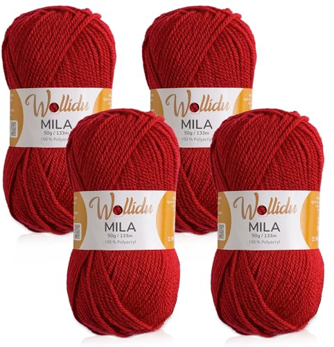 Wollidu Mila garn för virkning och stickning 4 x 50 g/133 m stickgarn 100 % polyakryl virkgarn körsbär röd