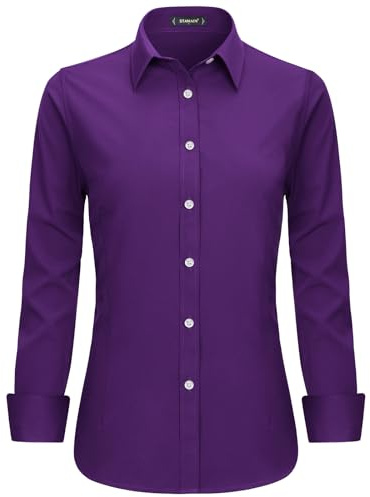Stamain Damskjorta elegant långärmad blus med V-ringning klassisk och mångsidig stil för alla tillfällen, Lila, XXL