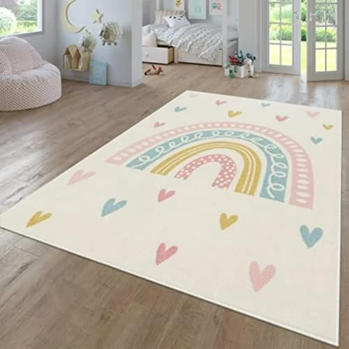 Tappeto morbido per bambini, grazioso tappeto arcobaleno per bambini e cuori in crema, tappeto antiscivolo lavabile per bambini, per cameretta, aula, asilo nido, 240 x 300 cm (95 x 118 pollici)