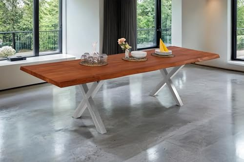 SAM Esstisch Cali 200(300) x100 Akazie nussbaum X-Gestell Silber | Baumkantentisch massiv, Akazienholz nussbaumfarben, ausziehbar, erweiterbar mit Ansteckplatten, echte Baumkante