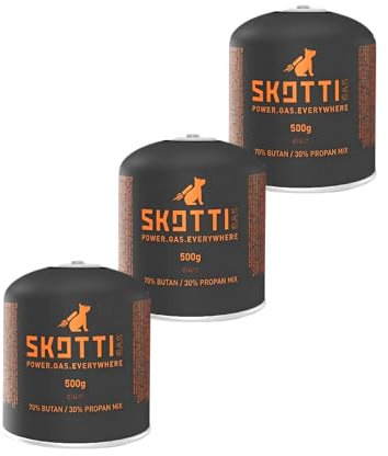 SKOTTI Gaskartuschen 3x500g, EN 417 Gaskartusche mit Protan-Butan Gemisch, Ideal für Gasgrills und Campingkocher mit EN 417 Schraubventil, Gaskartuschen Grill, Camping Grill Gaskartusche