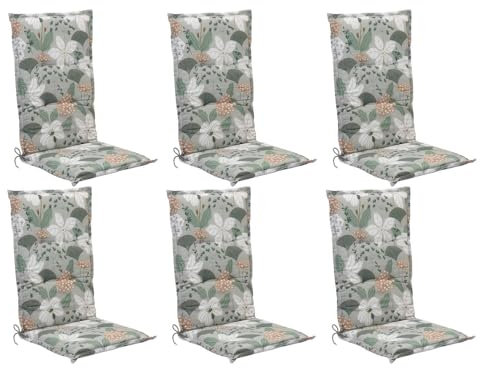 Home4You 6er Set Hochlehner-Stuhlauflagen in Grün, Weiß & Pfirsich – Gartenstuhlauflage 120 x 50 x 6 cm – Polyester & Baumwolle – Mit seitlichen Bindekordeln – Gefertigt in Deutschland