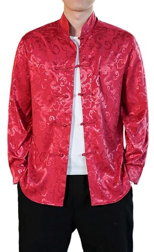 YOSUWOAI Männer Chinesisches Kleid Hemd mit Drachen Traditionelle Chinesische Kung-Fu-Jacke Uniform Vintage Longsleeve Hemden Cardigan Tai-Chi-Mantel Frühling Herbst Tang-Anzug