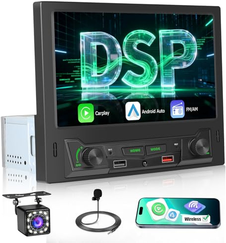 Inefala Radio Coche 1 DIN con Inalámbrico CarPlay Android Auto, 8 Pantalla Tactile Autoradio Bluetooth con DSP, Radio Am/FM, Reproducción Vídeo Youtube, Salida Vídeo, SWC, USB, Cámara Trasera Mic