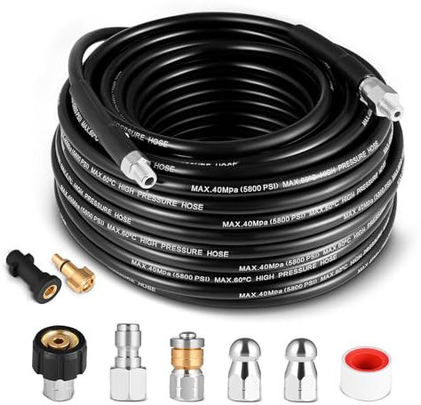 Helangel 100 FT/30m Pressure Washer Hose,5800 PSI Drain Cleaning Kit with Jet Nozzle and Rotating Jet Nozzle,400 Bar Drain Jetting Hose
