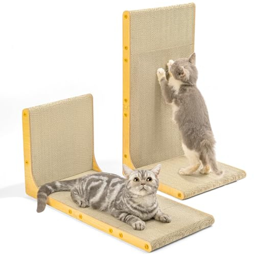 Conlun Grattoir pour Chat, 58 cm Forme en L Montable au Mur, Plateau à Gratter Vertical, Carton Durable pour Protéger Les Meubles des Chats d'Intérieur, Grand,Effet Bois（Lot de 2
