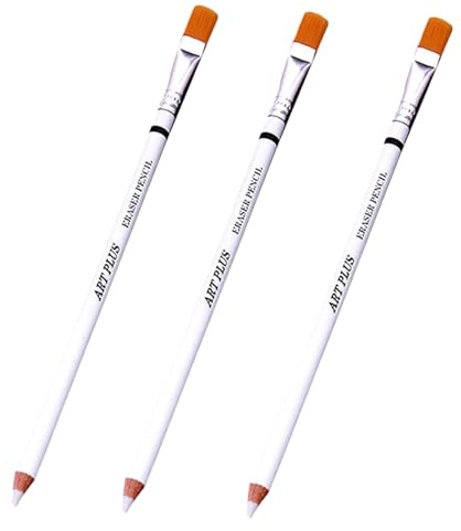 3Pcs Pencil Erasers with Brush Sketch Precision Eraser Pencils Wooden Highlight Drawing Erasers Wooden Rubber Pencil for Erasing Details in Charcoal Drawings Sketching Drawing Detail Revise