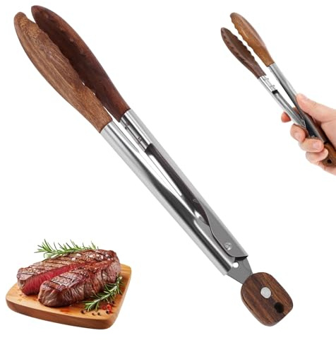 BTBHIHO 9 Inch Kitchen Tongs, Stainless Steel Wooden Tongs with Non-Slip Grip, Heat Resistant BBQ Tong, Locking Tong with Hanging Hole, Ideal for Cooking, Grilling, Salad, Steak, Bread