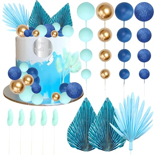 Ephlyn 33 Pack Balls Cake Toppers Boho Palm Leaves Cake Decorations Round Acrylic Happy Birthday Cupcake Toppers for Birthday Wedding Baby Shower Party Supplies Blue