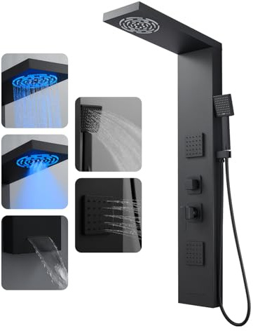 ROVOGO 46.5H x 7.8W Shower Panel Tower System with Led Lights, Rainfall Mist Shower Head, Body Jets, Handheld and Tub Spout, Stainless Steel Shower Column with Mixer Valve, Black