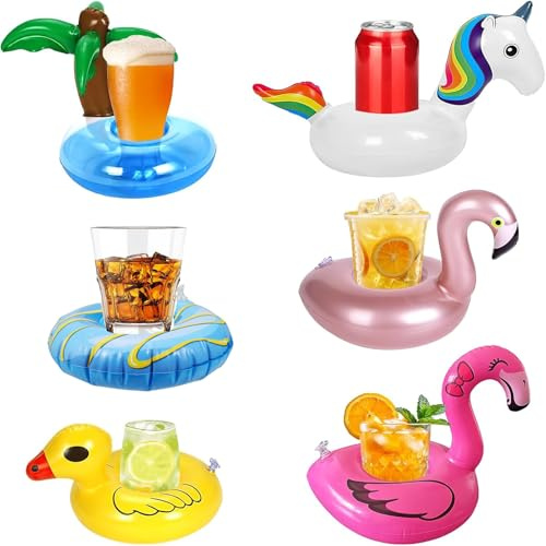 Lot de 6 Porte Gobelets Verre Gonflables Piscine, Porte Boissons Flottants Forme Animaux – Flamant, Licorne, Canard, Donut, Palmier – Accessoires Été pour Plage, Piscine, Enfants et Adultes
