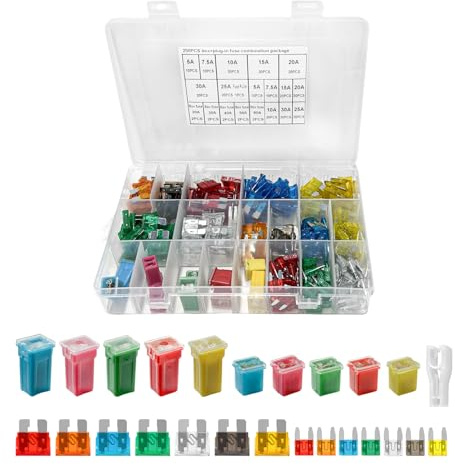 MTRPS 250PCS Car Fuses Assortment Kit, Low Profile Mini Blade Fuses (5A 7.5A 10A 15A 20A 25A 30A), Low Tall/STD Box Shaped Assorted Fuse, Automotive Fuses Kit for Car, Truck, RV, Boat
